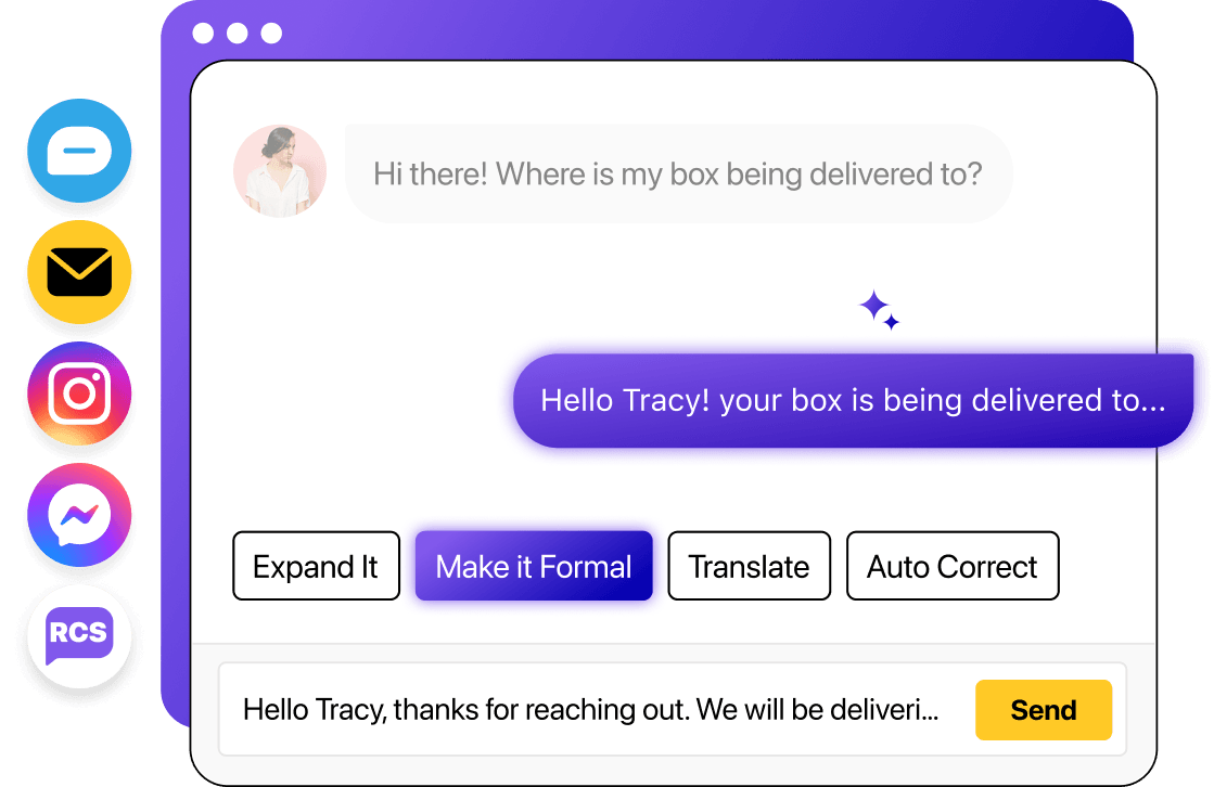 Illustration of Heymarket conversation about box delivery with AI writing assistance options