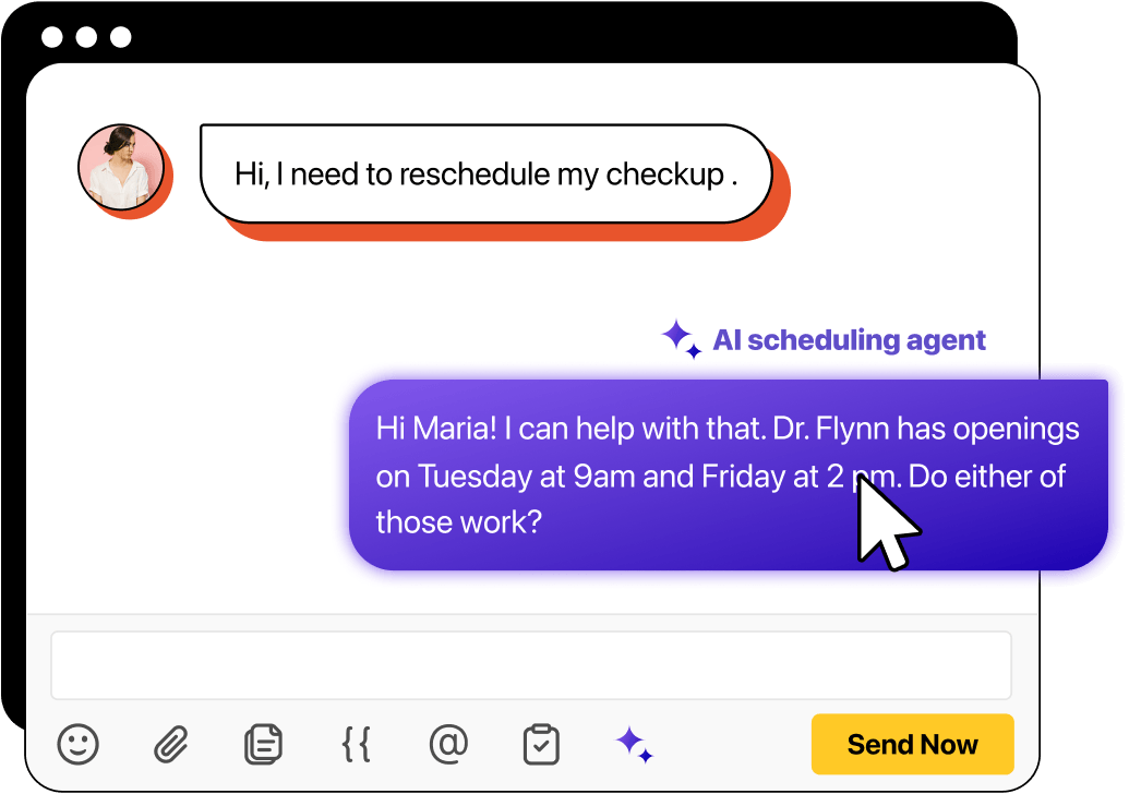 Illustration of an AI scheduling agent assisting a customer with rescheduling a checkup, offering available appointment times.