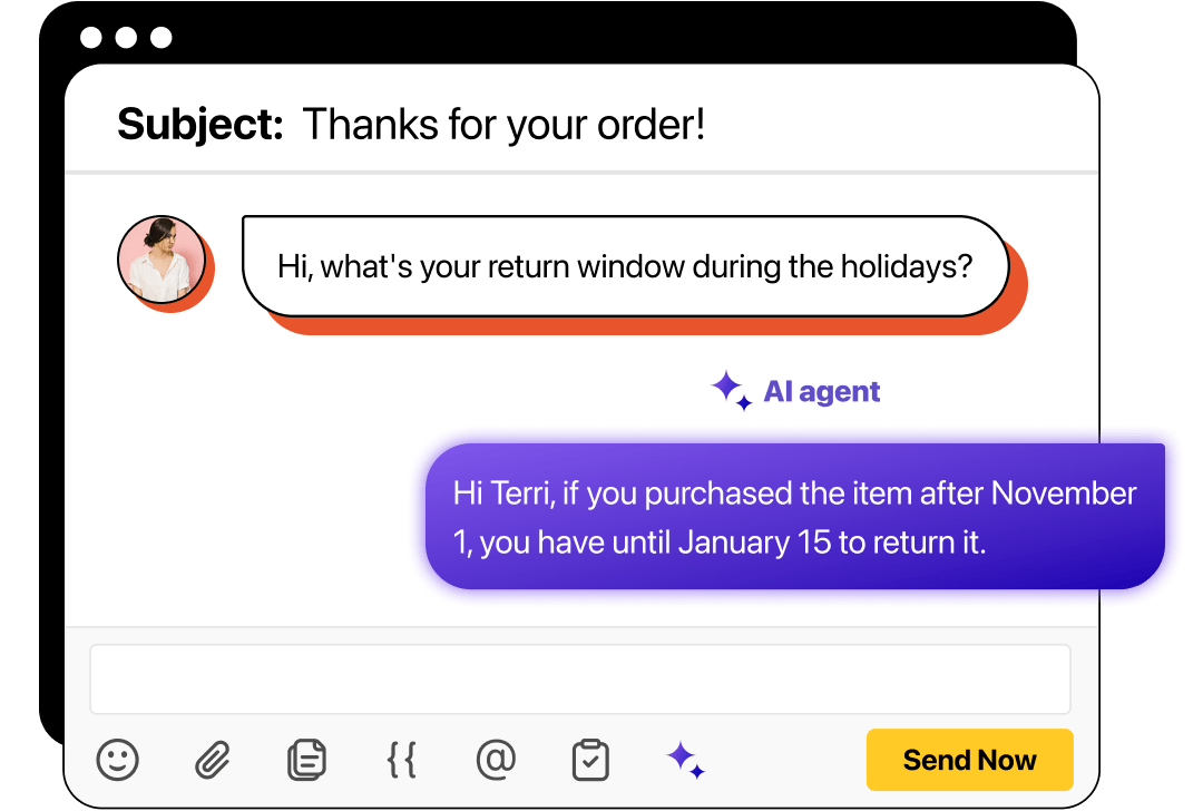 Illustration of a customer inquiry about holiday return windows and a response generated by the Heymarket AI agent.