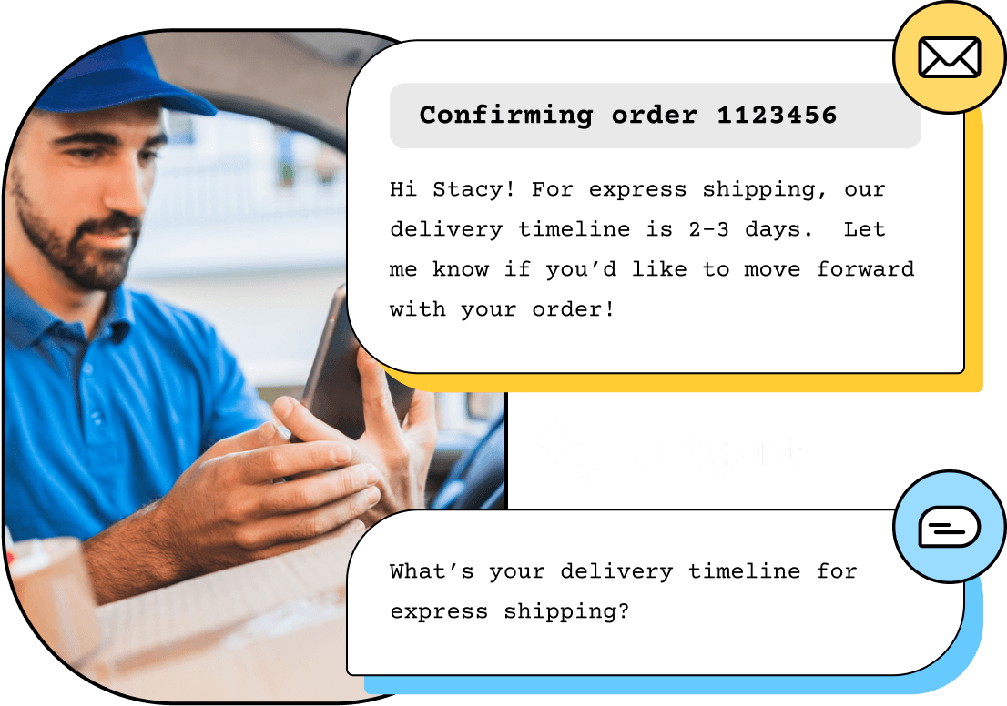 An illustration of a Heymarket conversation showing a dispatch convo with an AI agent.