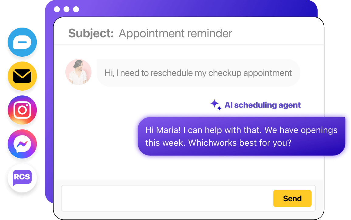 An illustration of a Heymarket conversation showing a healthcare inquiry with an AI agent.
