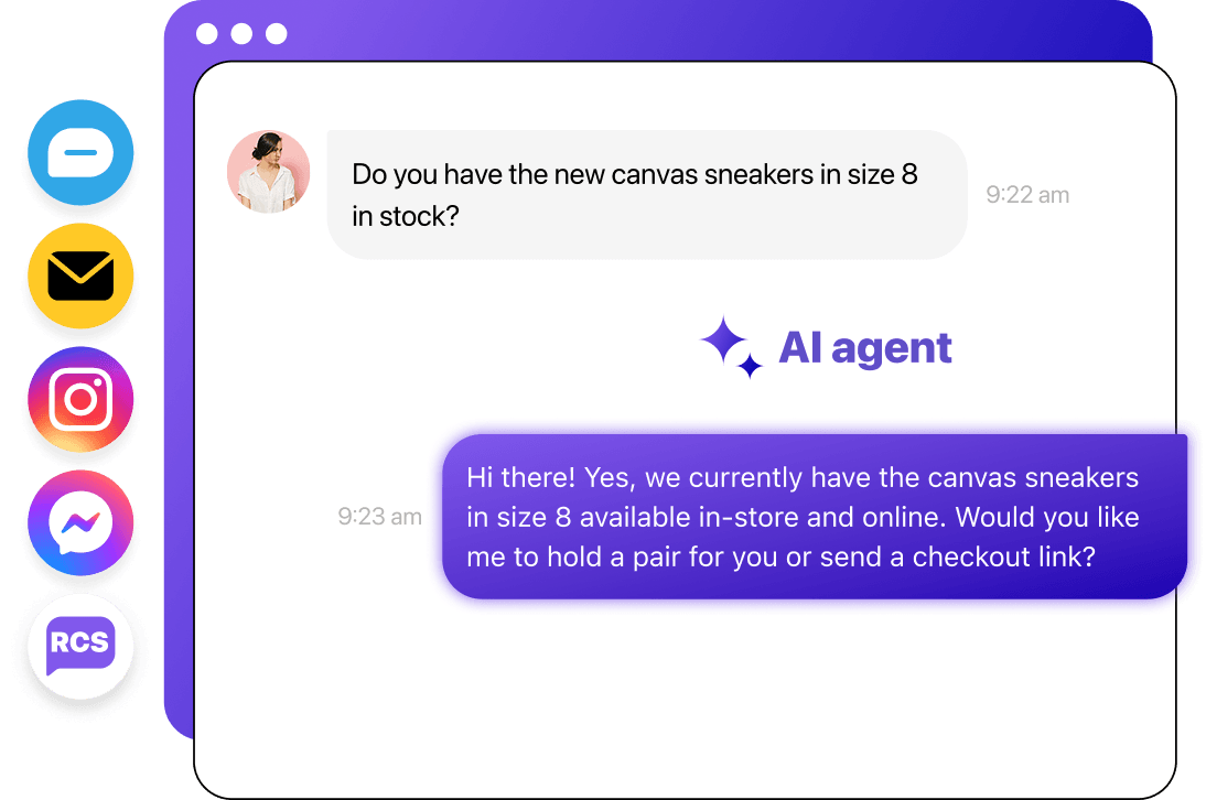 An illustration of a Heymarket conversation showing a retail customer's inquiry with an AI agent.