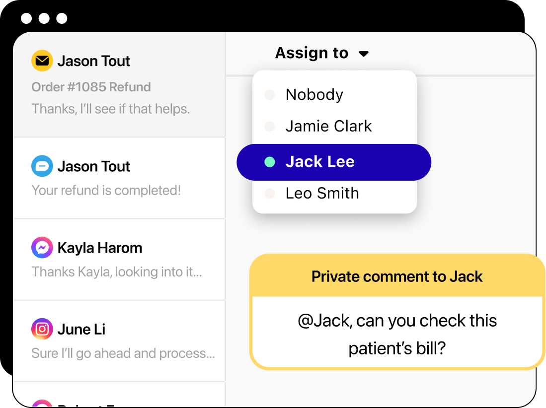 Illustration of a shared inbox interface with assigned conversations and a private comment.