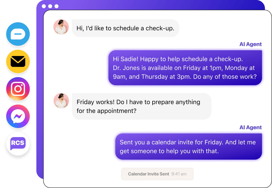 An illustration of a Heymarket conversation showing an appointment inquiry with an AI agent