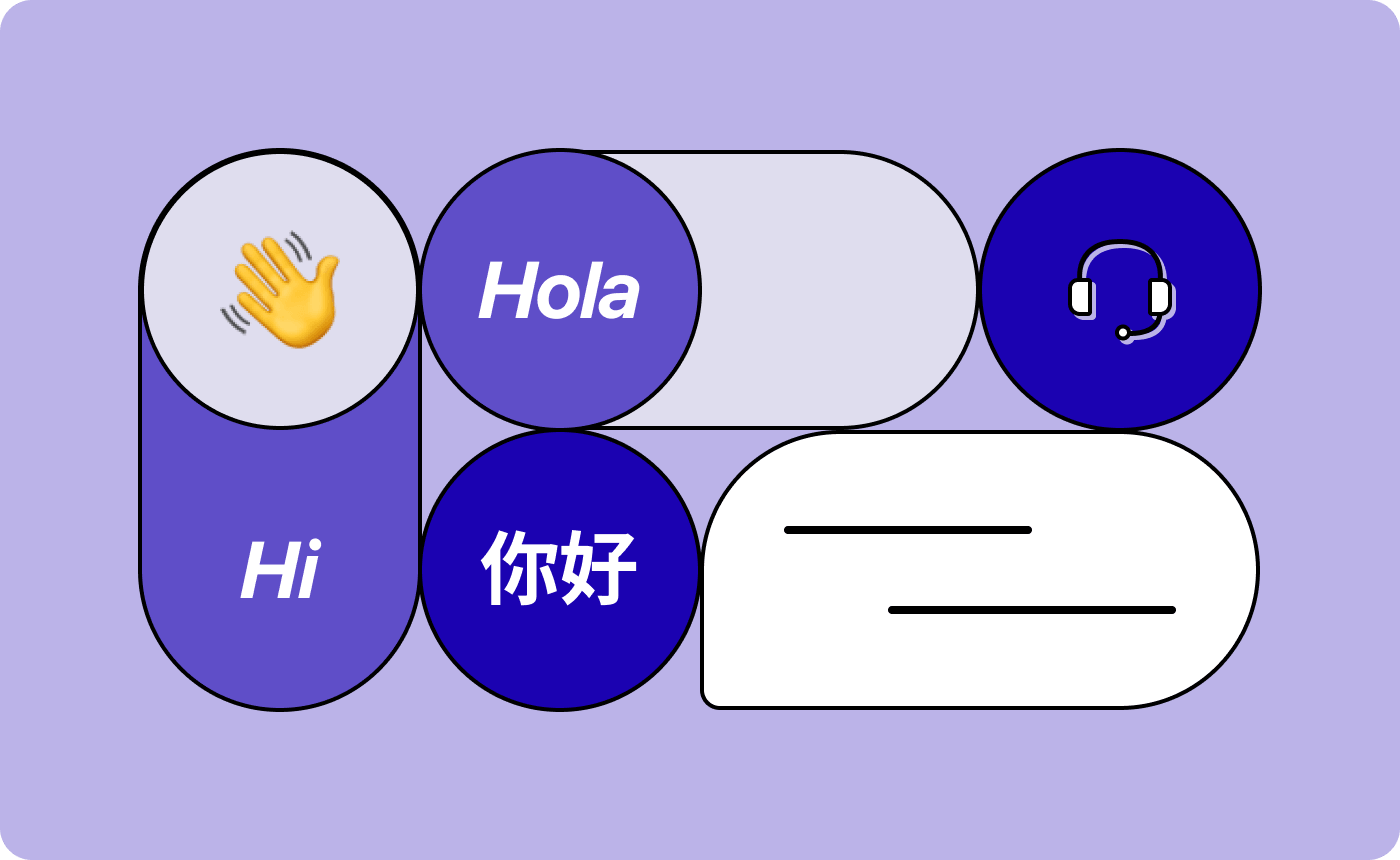 Illustration of a hand waving, headset, and the word “hello” in Spanish and Chinese, representing multilingual customer support
