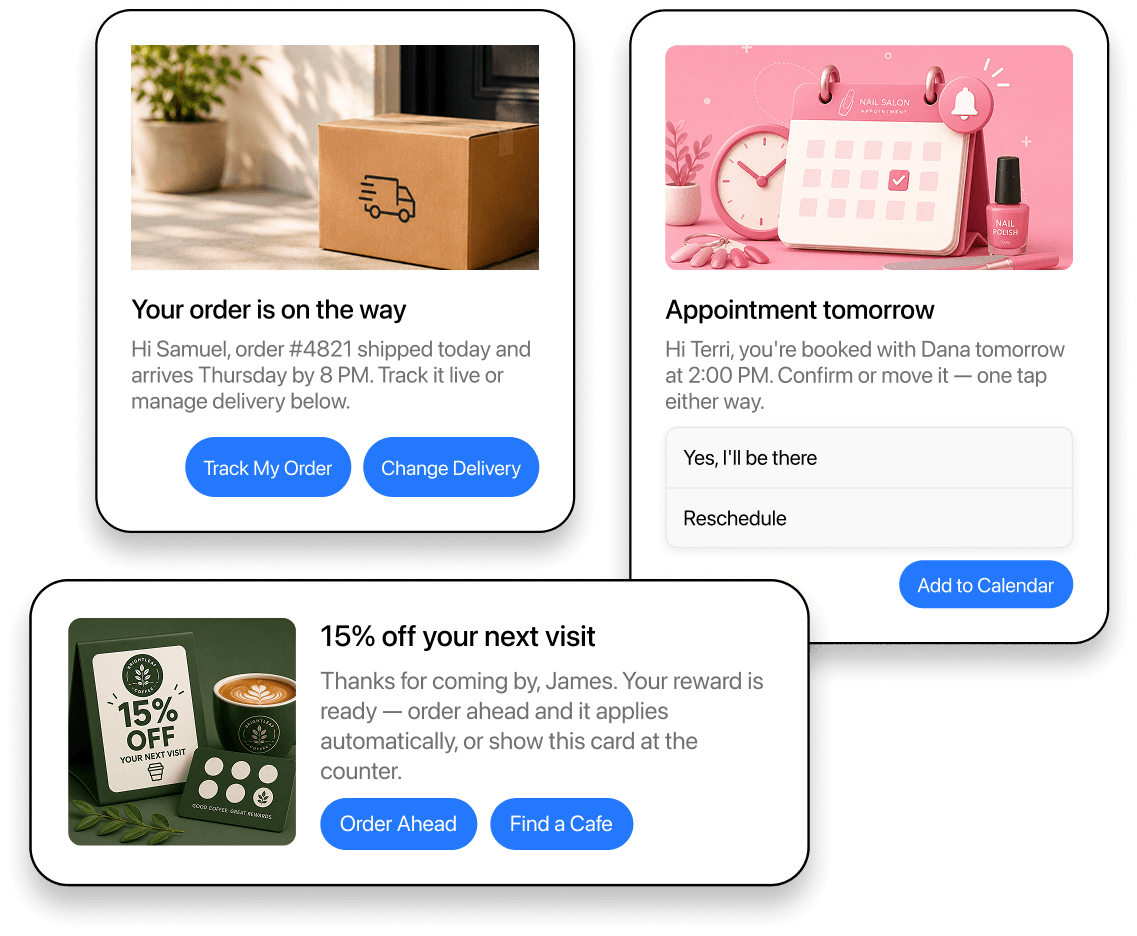 3 card illustrating branded messages with actions