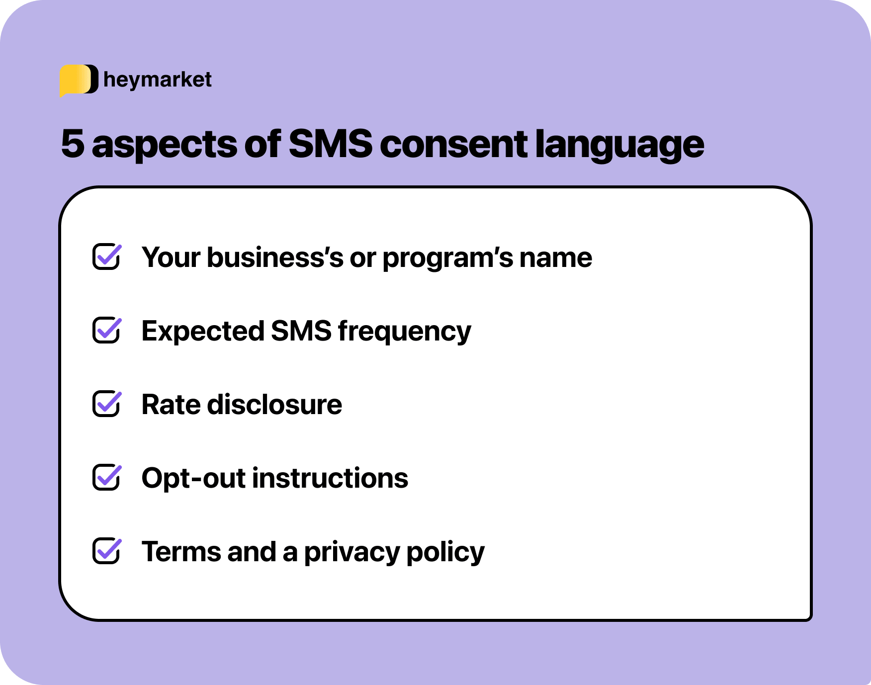 A list of the five aspects of SMS consent language: program name; SMS frequency; rate disclosure; opt-out instructions, and a terms and privacy policy