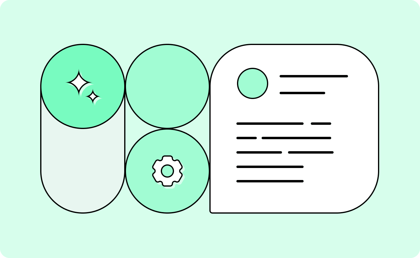 An illustration with a gear, a card indicating data/organization, and the little stars that indicate AI